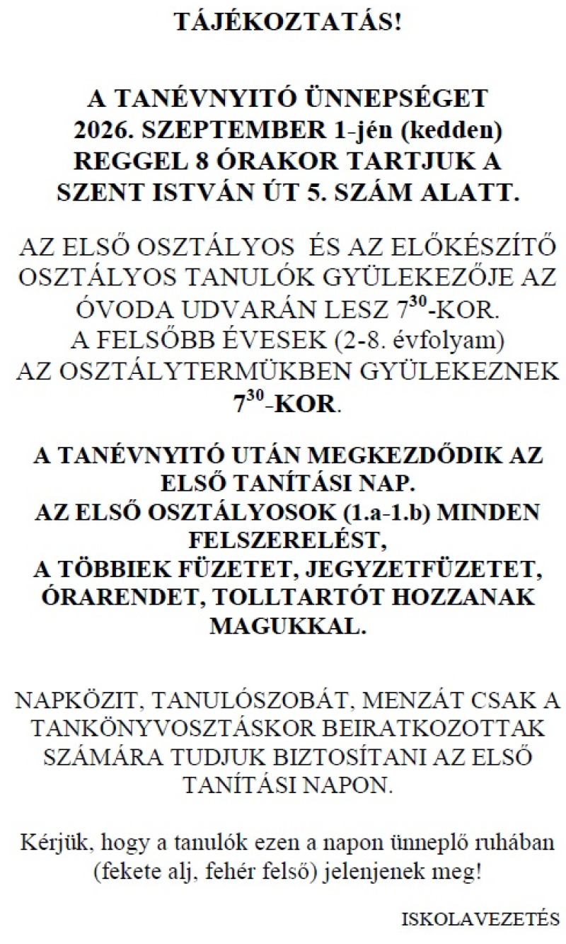 Tanévnyitó 2026-2027
